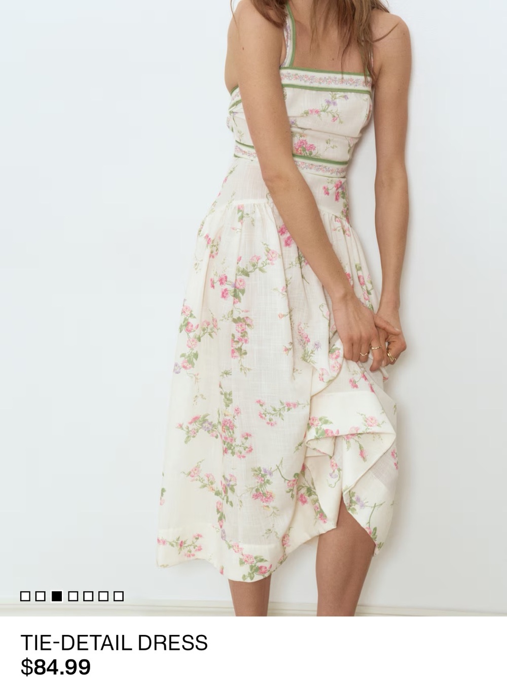 H&M Cream Maxi Dress with Pink Floral Print and Green Trim